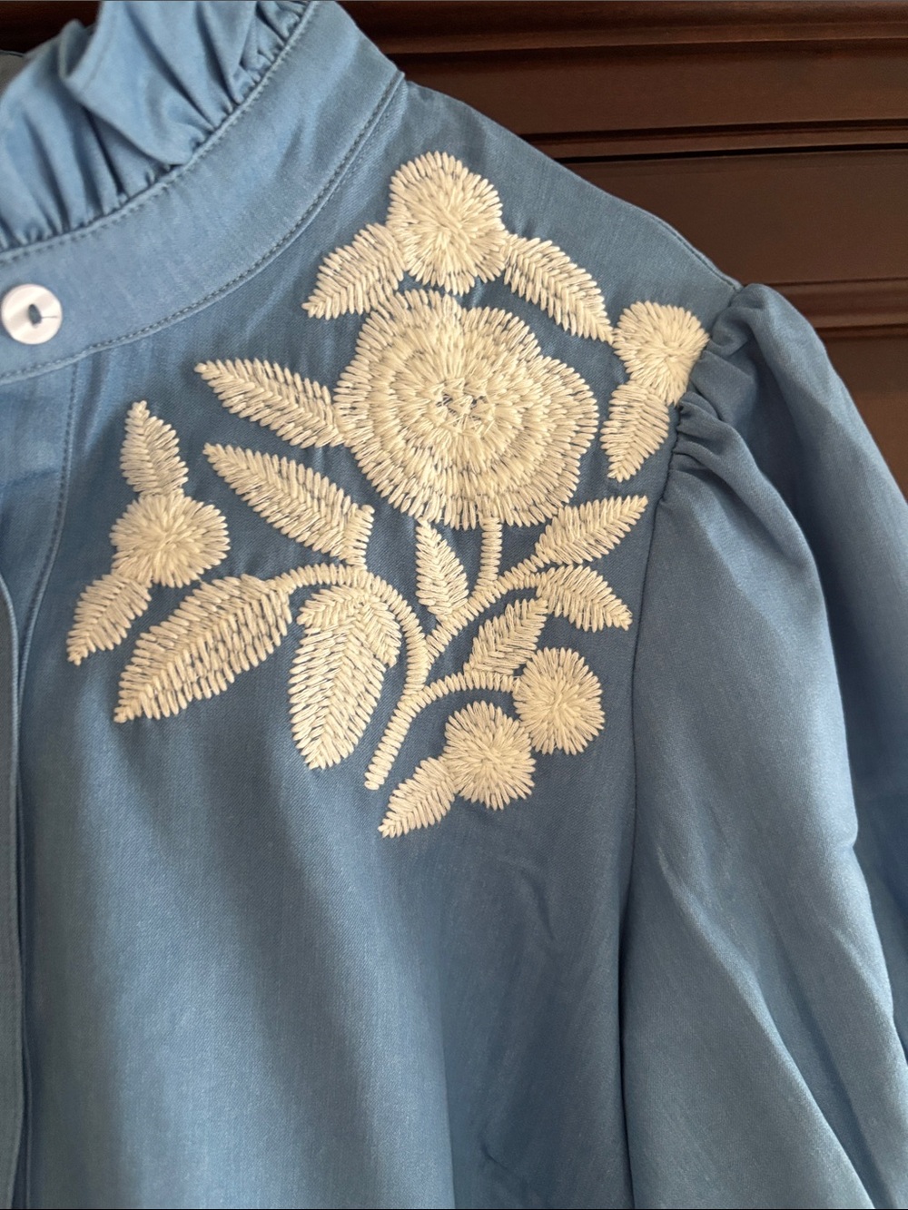 Avara Blue Embroidered Puff-Sleeve Blouse - Picture 2 of 7